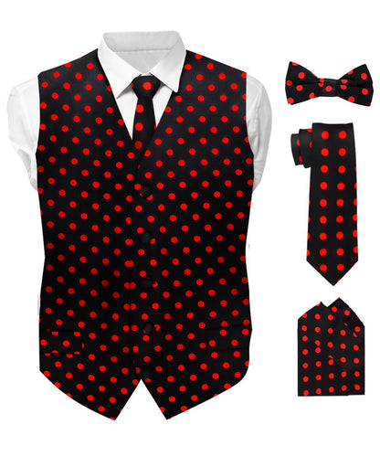 Polka Dot Vest Set (Vest, Bow Tie, Necktie and Pocket Square) by Vittorio Farina (vest_polkadot_BB_blackred_S) for Independent Retail Stores by Dubal Brothers