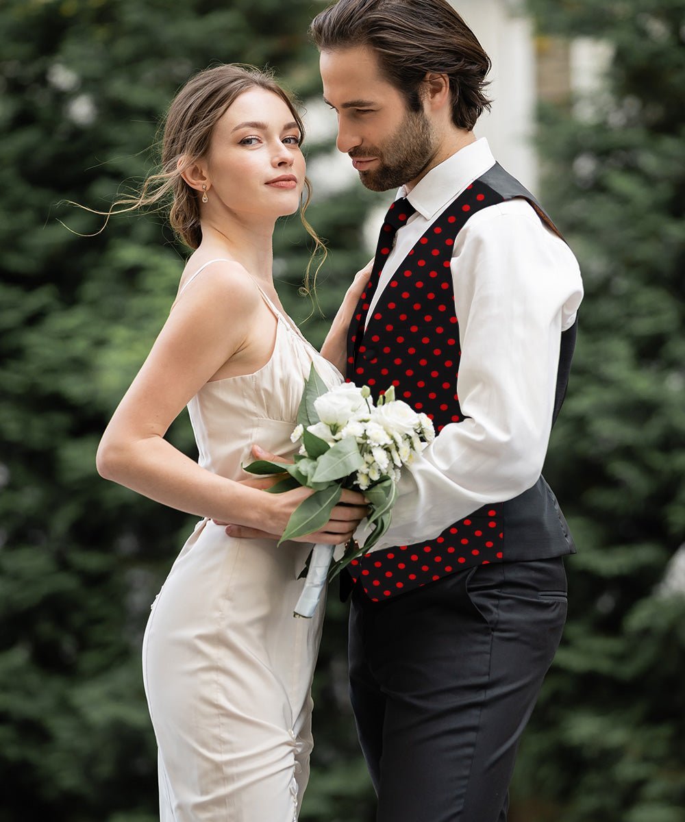 Polka Dot Vest Set (Vest, Bow Tie, Necktie and Pocket Square) by Vittorio Farina (vest_polkadot_BB_blackred_S) for Independent Retail Stores by Dubal Brothers
