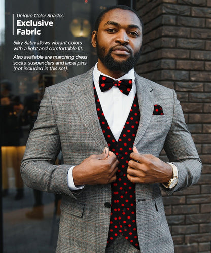 Polka Dot Vest Set (Vest, Bow Tie, Necktie and Pocket Square) by Vittorio Farina (vest_polkadot_BB_blackred_S) for Independent Retail Stores by Dubal Brothers