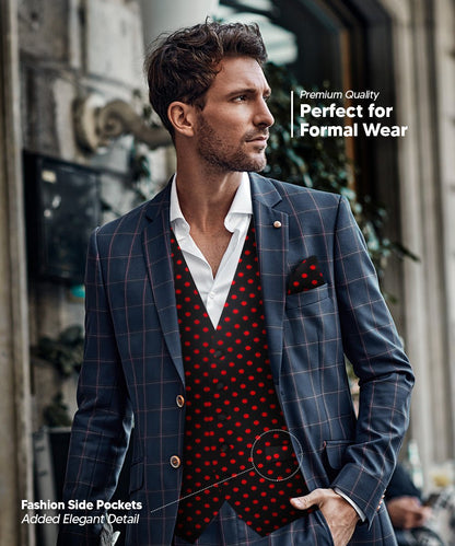 Polka Dot Vest Set (Vest, Bow Tie, Necktie and Pocket Square) by Vittorio Farina (vest_polkadot_BB_blackred_S) for Independent Retail Stores by Dubal Brothers