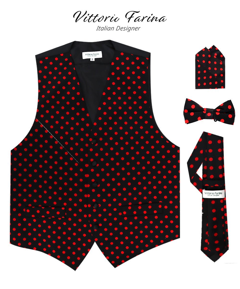 Polka Dot Vest Set (Vest, Bow Tie, Necktie and Pocket Square) by Vittorio Farina (vest_polkadot_BB_blackred_S) for Independent Retail Stores by Dubal Brothers