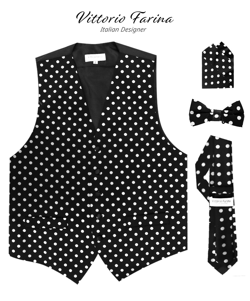 Polka Dot Vest Set (Vest, Bow Tie, Necktie and Pocket Square) by Vittorio Farina (vest_polkadot_WB_whiteblack_S_V03) for Independent Retail Stores by Dubal Brothers