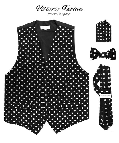 Polka Dot Vest Set (Vest, Bow Tie, Necktie and Pocket Square) by Vittorio Farina (vest_polkadot_WB_whiteblack_S_V03) for Independent Retail Stores by Dubal Brothers