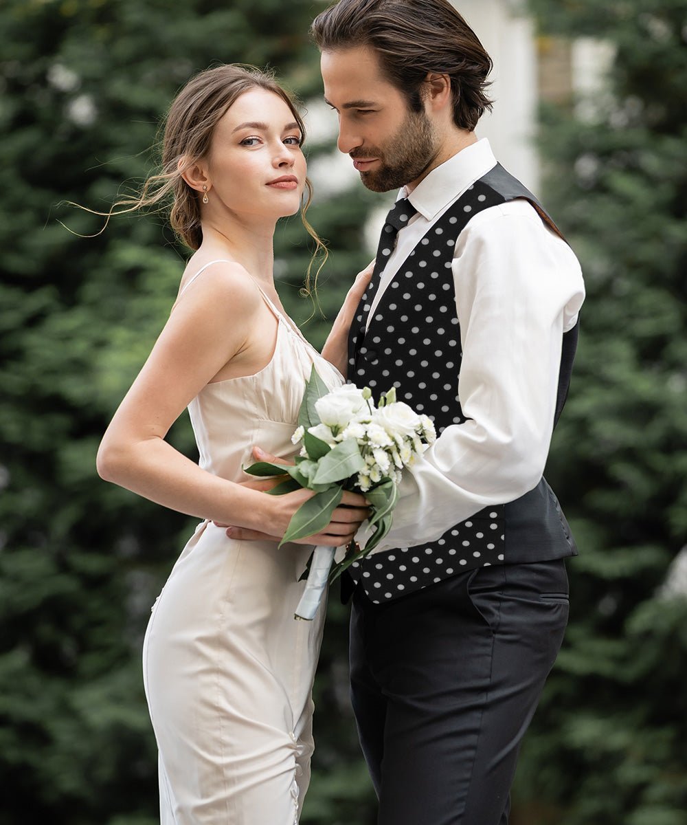Polka Dot Vest Set (Vest, Bow Tie, Necktie and Pocket Square) by Vittorio Farina (vest_polkadot_WB_whiteblack_S_V03) for Independent Retail Stores by Dubal Brothers