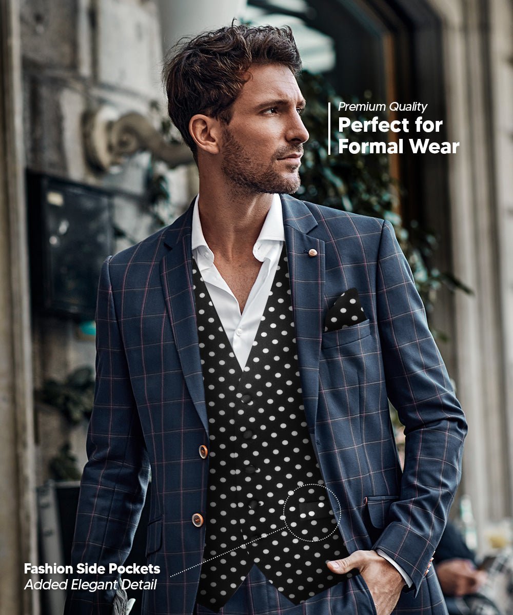 Polka Dot Vest Set (Vest, Bow Tie, Necktie and Pocket Square) by Vittorio Farina (vest_polkadot_WB_whiteblack_S_V03) for Independent Retail Stores by Dubal Brothers