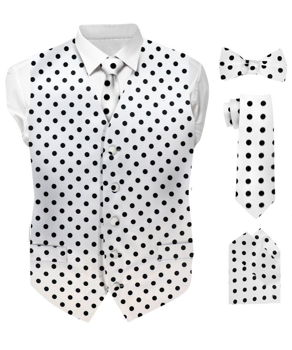 Polka Dot Vest Set (Vest, Bow Tie, Necktie and Pocket Square) by Vittorio Farina (vest_polkadot_WB_whiteblack_S_V03) for Independent Retail Stores by Dubal Brothers