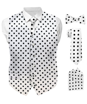 Polka Dot Vest Set (Vest, Bow Tie, Necktie and Pocket Square) by Vittorio Farina - White and Black S - Wholesale Vest Set by Dubal Brothers