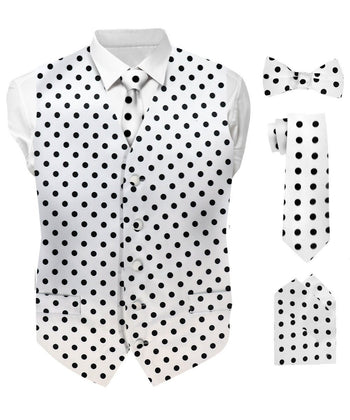 Polka Dot Vest Set (Vest, Bow Tie, Necktie and Pocket Square) by Vittorio Farina - White and Black S - Wholesale Vest Set by Dubal Brothers