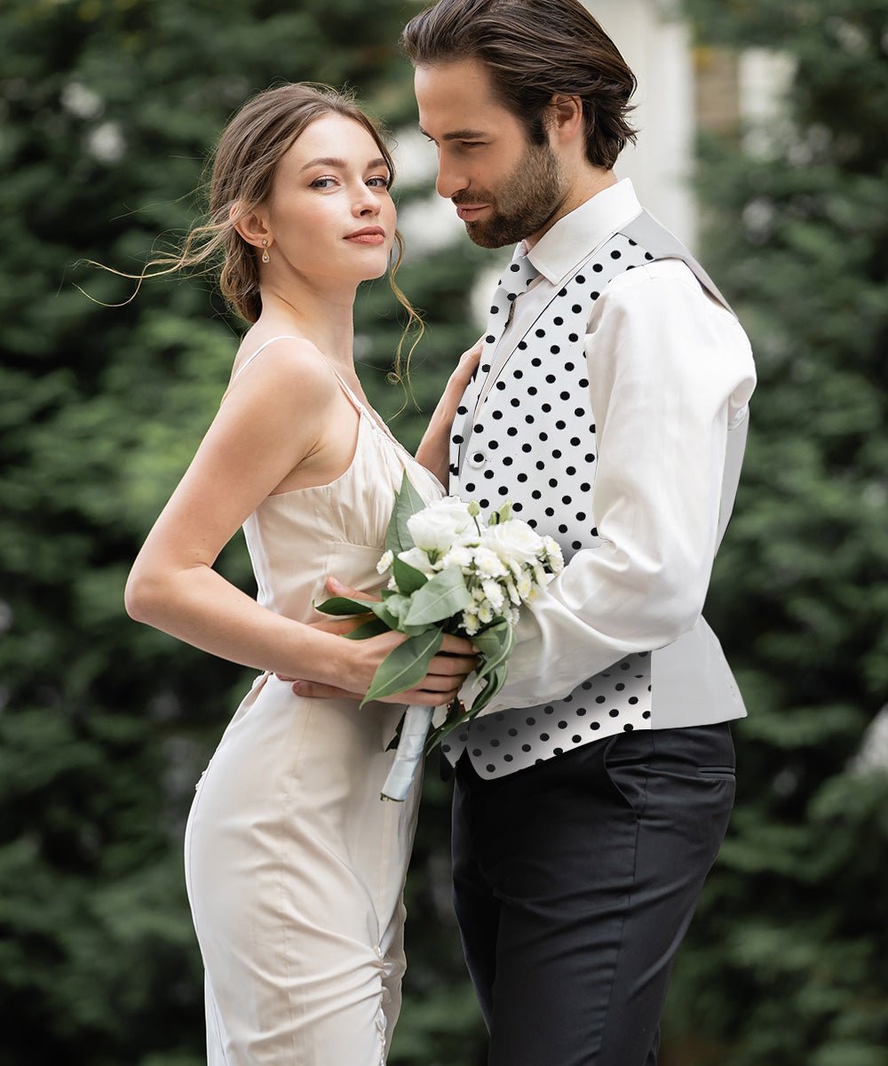 Polka Dot Vest Set (Vest, Bow Tie, Necktie and Pocket Square) by Vittorio Farina (vest_polkadot_WB_whiteblack_S_V03) for Independent Retail Stores by Dubal Brothers