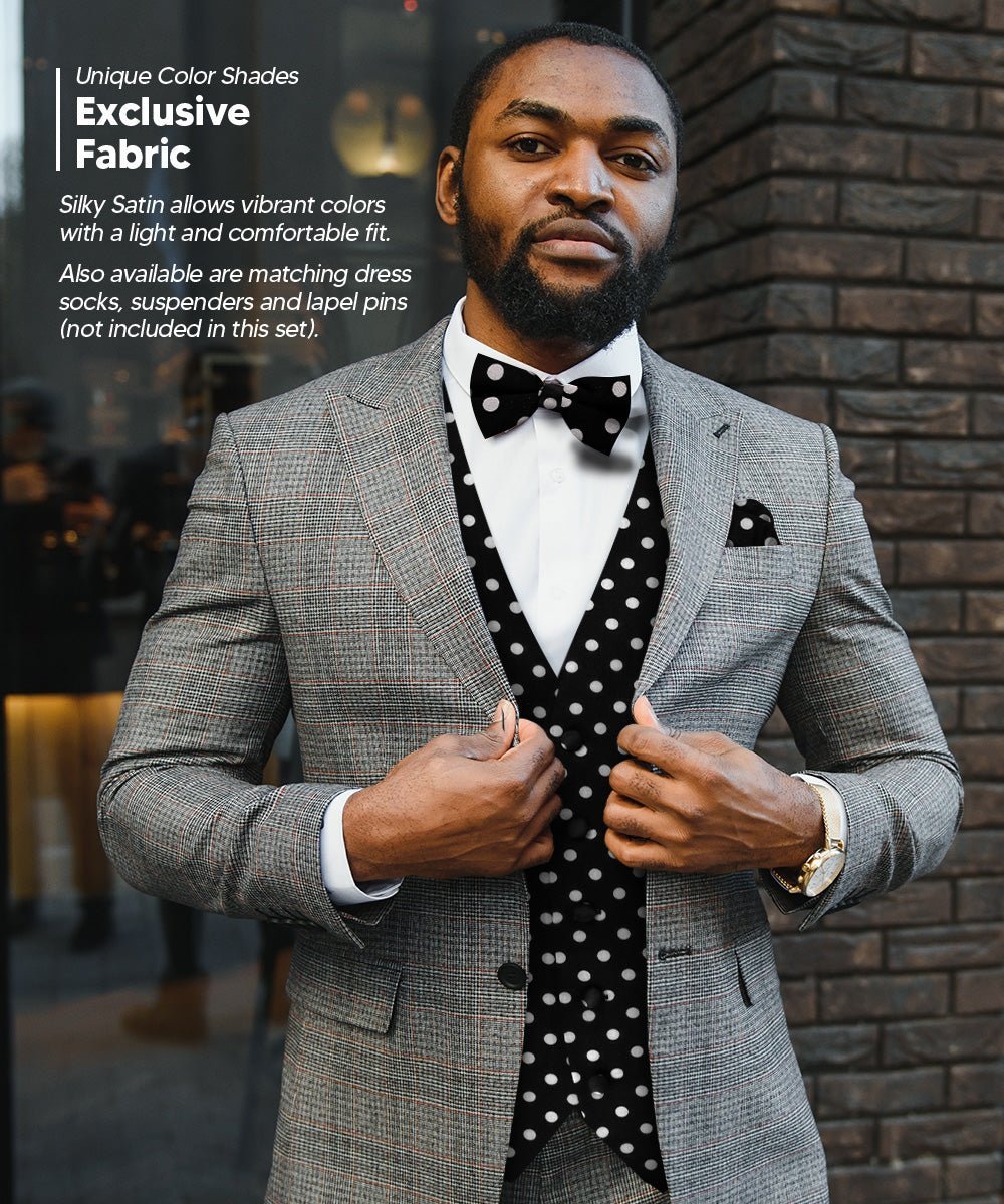 Polka Dot Vest Set (Vest, Bow Tie, Necktie and Pocket Square) by Vittorio Farina (vest_polkadot_WB_whiteblack_S_V03) for Independent Retail Stores by Dubal Brothers