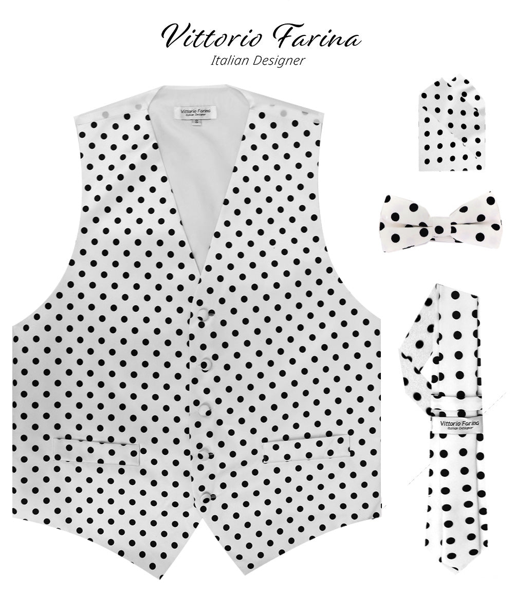Polka Dot Vest Set (Vest, Bow Tie, Necktie and Pocket Square) by Vittorio Farina (vest_polkadot_WB_whiteblack_S_V03) for Independent Retail Stores by Dubal Brothers