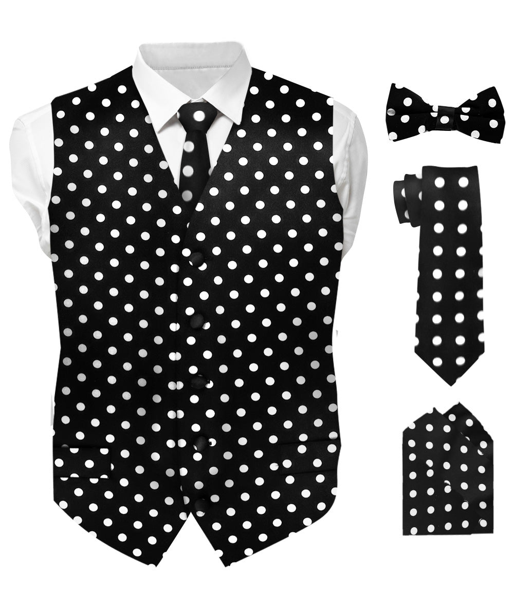 Polka Dot Vest Set (Vest, Bow Tie, Necktie and Pocket Square) by Vittorio Farina (vest_polkadot_WB_whiteblack_S_V03) for Independent Retail Stores by Dubal Brothers
