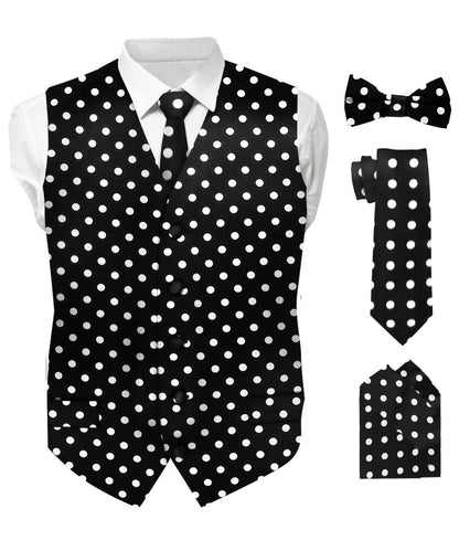 Polka Dot Vest Set (Vest, Bow Tie, Necktie and Pocket Square) by Vittorio Farina (vest_polkadot_WB_whiteblack_S_V03) for Independent Retail Stores by Dubal Brothers