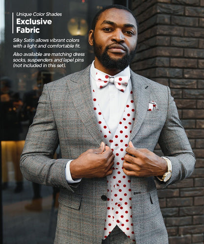 Polka Dot Vest Set (Vest, Bow Tie, Necktie and Pocket Square) by Vittorio Farina (vest_polkadot_WB_whitered_S) for Independent Retail Stores by Dubal Brothers