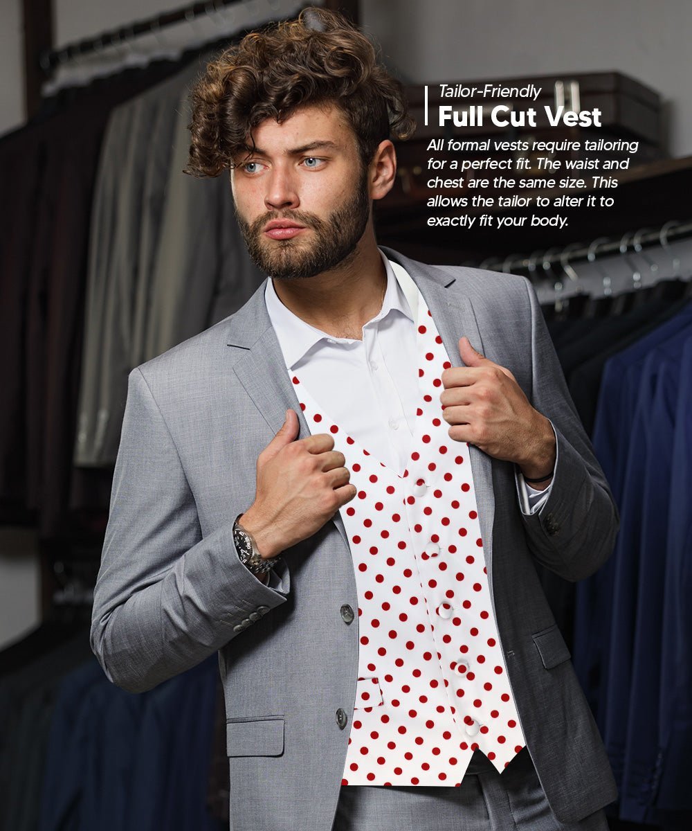 Polka Dot Vest Set (Vest, Bow Tie, Necktie and Pocket Square) by Vittorio Farina (vest_polkadot_WB_whitered_S) for Independent Retail Stores by Dubal Brothers