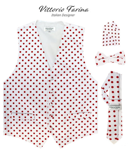 Polka Dot Vest Set (Vest, Bow Tie, Necktie and Pocket Square) by Vittorio Farina (vest_polkadot_WB_whitered_S) for Independent Retail Stores by Dubal Brothers