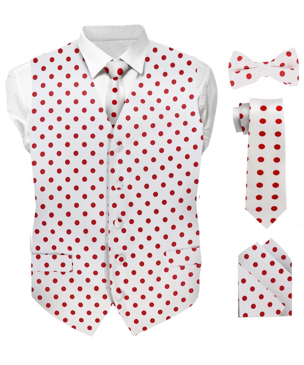 Polka Dot Vest Set (Vest, Bow Tie, Necktie and Pocket Square) by Vittorio Farina (vest_polkadot_WB_whitered_S) for Independent Retail Stores by Dubal Brothers