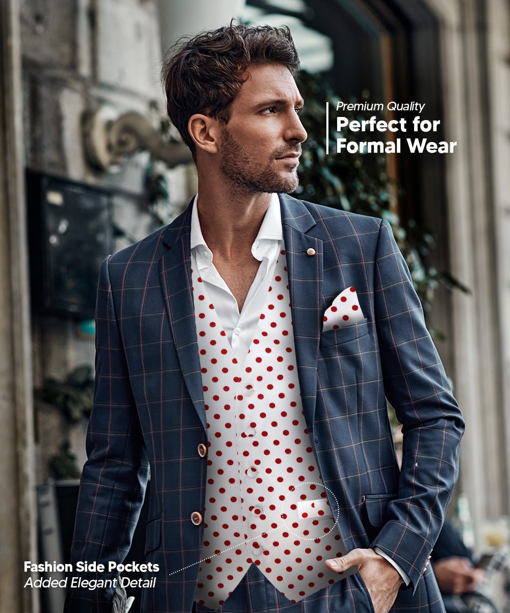 Polka Dot Vest Set (Vest, Bow Tie, Necktie and Pocket Square) by Vittorio Farina (vest_polkadot_WB_whitered_S) for Independent Retail Stores by Dubal Brothers