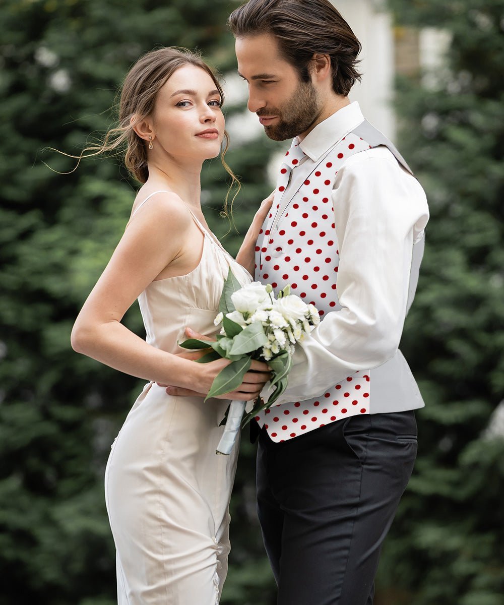 Polka Dot Vest Set (Vest, Bow Tie, Necktie and Pocket Square) by Vittorio Farina (vest_polkadot_WB_whitered_S) for Independent Retail Stores by Dubal Brothers
