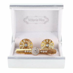 Rhinestone Cufflinks & Tie Bar Set with Gold Setting in a Box by Vittorio Vico - Gold - Wholesale Cufflink & Tiebar Set by Dubal Brothers