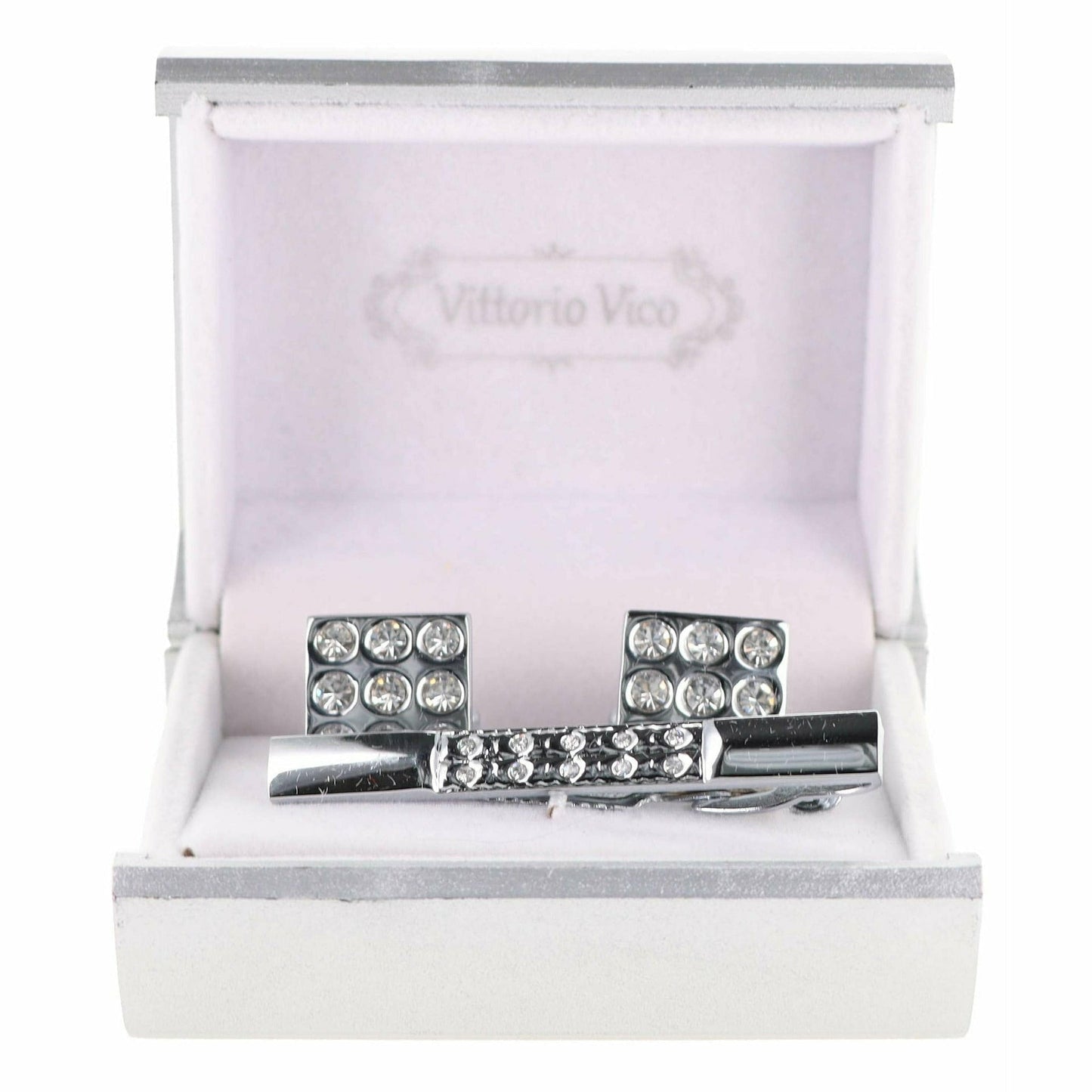 Rhinestone Cufflinks & Tie Bar Set with Silver Setting in a Box by Vittorio Vico (CR - 024) for Independent Retail Stores by Dubal Brothers