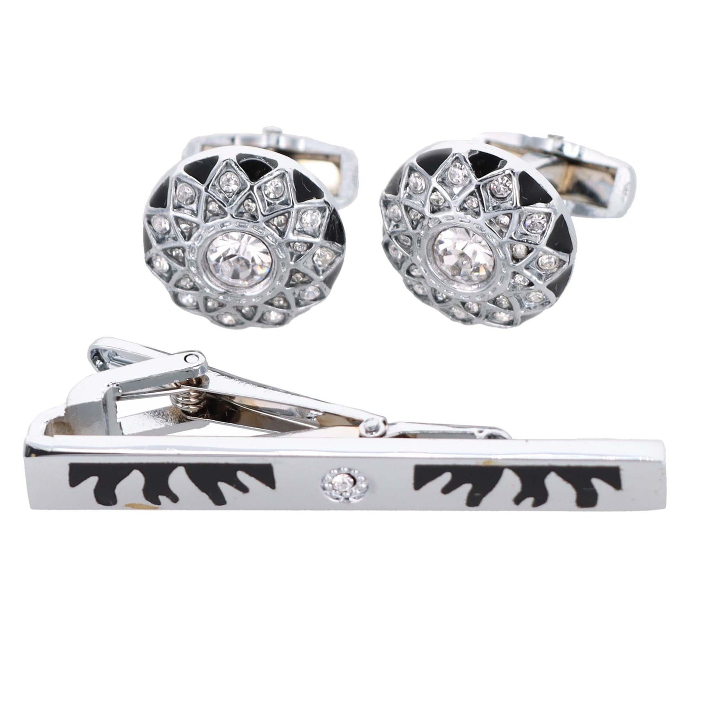 Rhinestone Cufflinks & Tie Bar Set with Silver Setting in a Box by Vittorio Vico (CR - 024) for Independent Retail Stores by Dubal Brothers