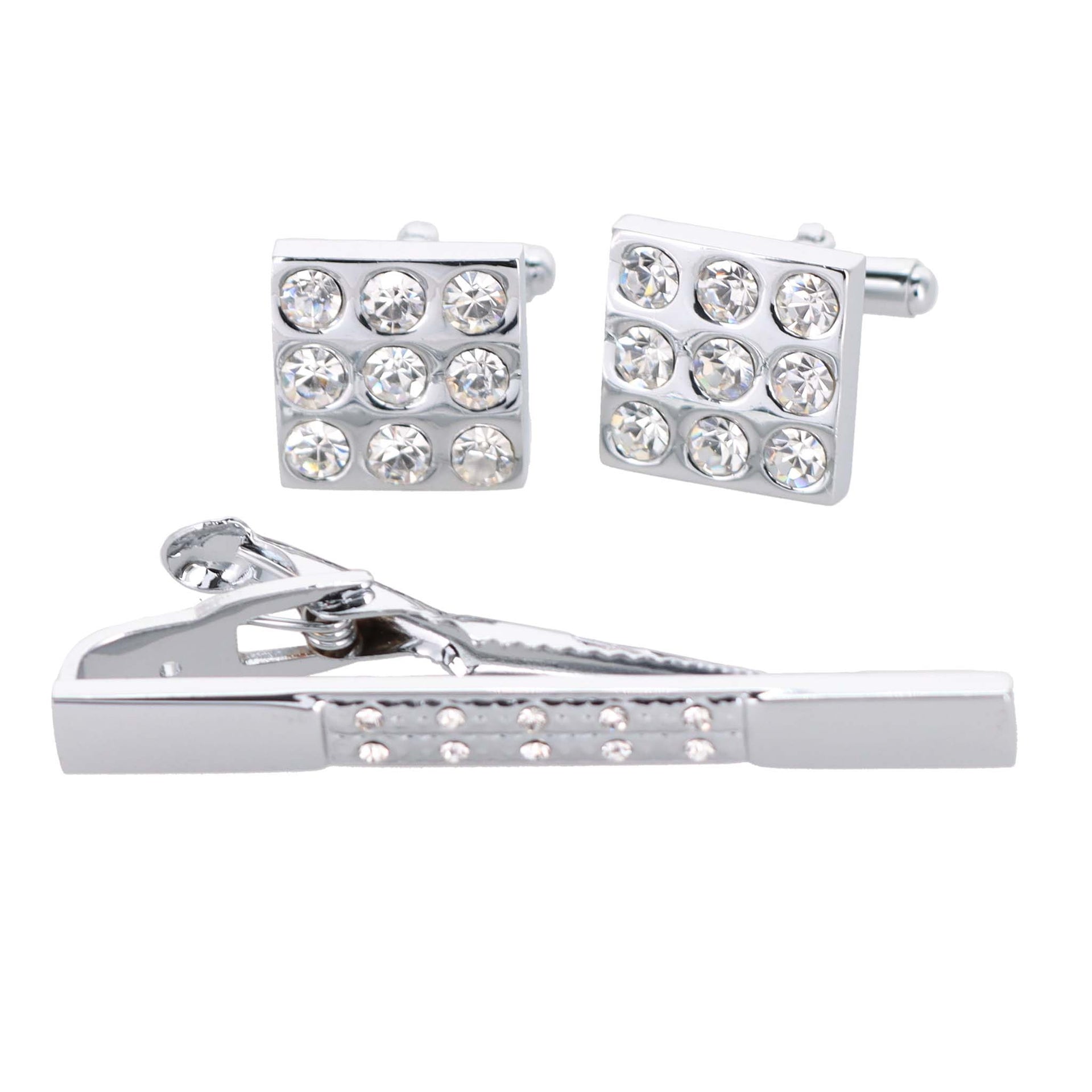 Rhinestone Cufflinks & Tie Bar Set with Silver Setting in a Box by Vittorio Vico (CR - 026) for Independent Retail Stores by Dubal Brothers