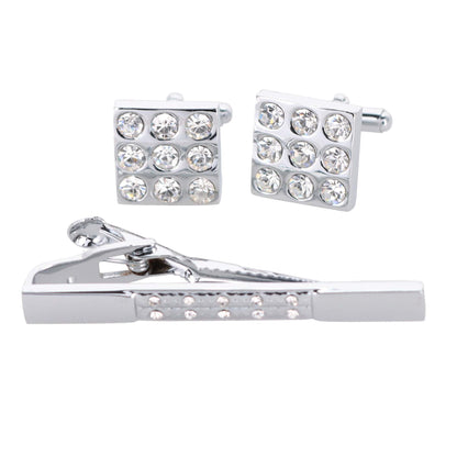 Rhinestone Cufflinks & Tie Bar Set with Silver Setting in a Box by Vittorio Vico (CR - 026) for Independent Retail Stores by Dubal Brothers