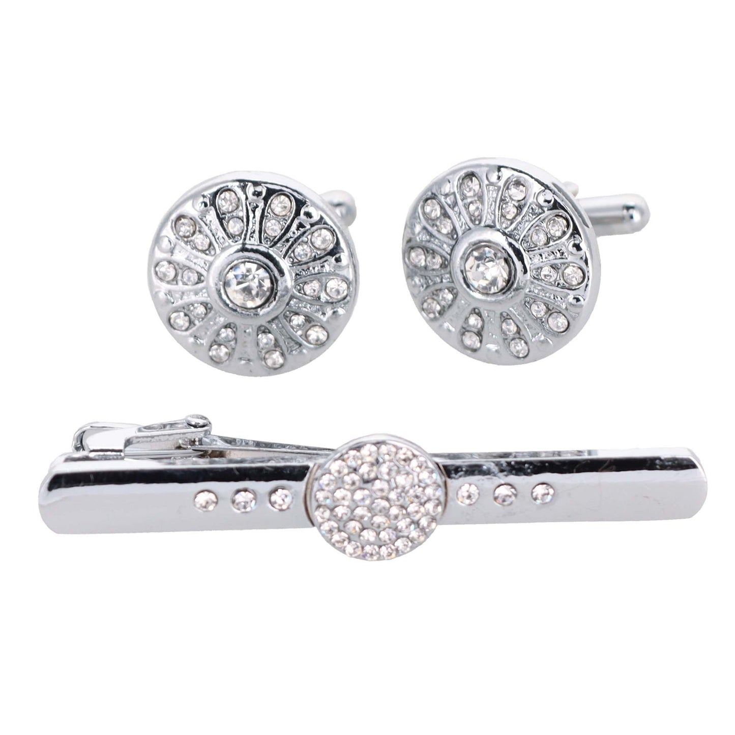 Rhinestone Cufflinks & Tie Bar Set with Silver Setting in a Box by Vittorio Vico (CR - 028) for Independent Retail Stores by Dubal Brothers