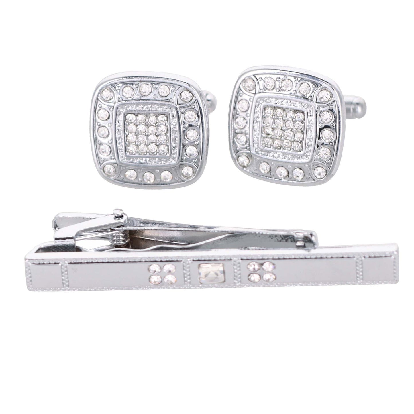 Rhinestone Cufflinks & Tie Bar Set with Silver Setting in a Box by Vittorio Vico (CR - 033) for Independent Retail Stores by Dubal Brothers