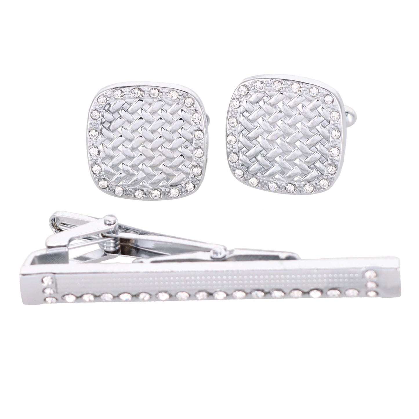 Rhinestone Cufflinks & Tie Bar Set with Silver Setting in a Box by Vittorio Vico (CR - 034) for Independent Retail Stores by Dubal Brothers
