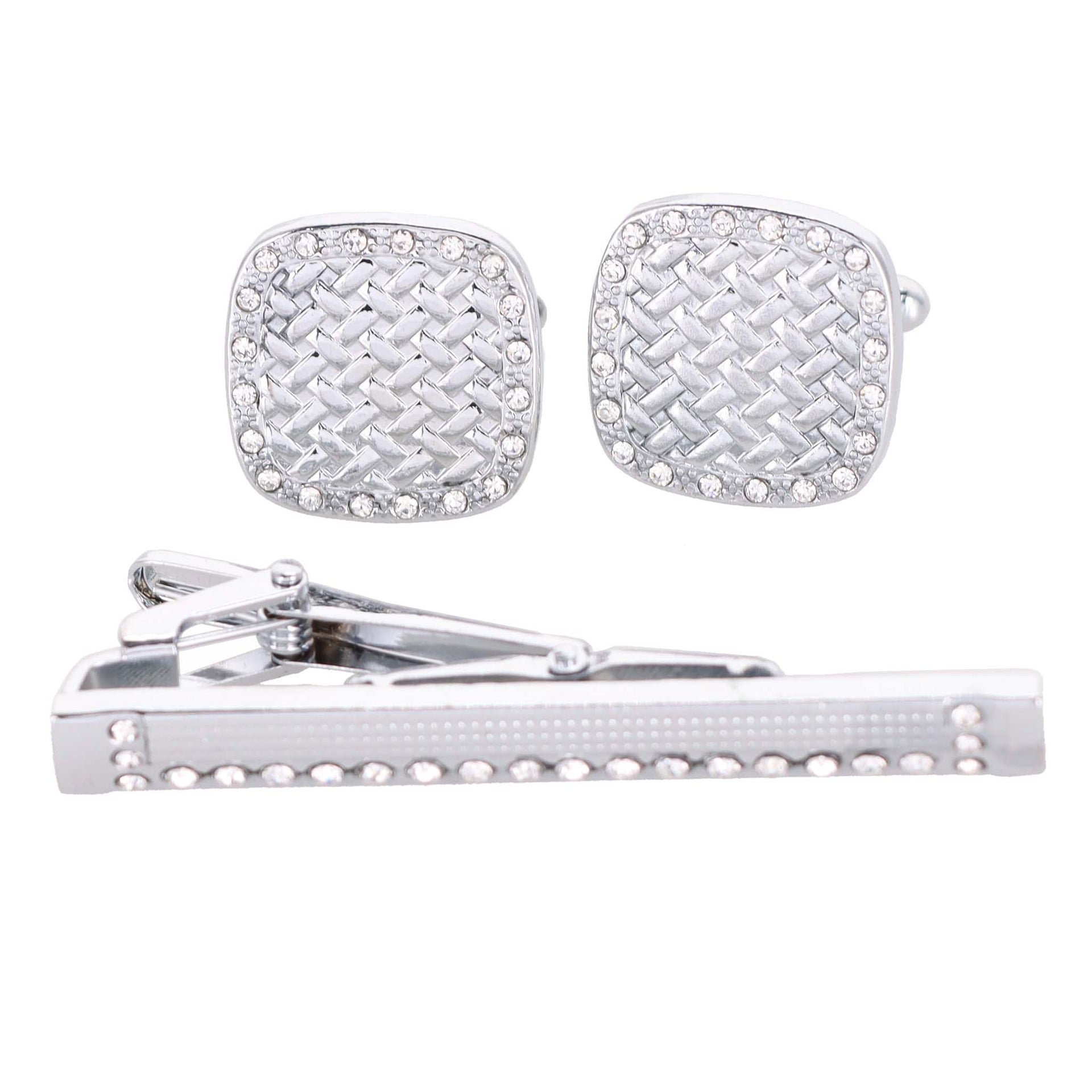 Rhinestone Cufflinks & Tie Bar Set with Silver Setting in a Box by Vittorio Vico (CR - 034) for Independent Retail Stores by Dubal Brothers