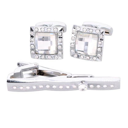 Rhinestone Cufflinks & Tie Bar Set with Silver Setting in a Box by Vittorio Vico (CR - 039) for Independent Retail Stores by Dubal Brothers