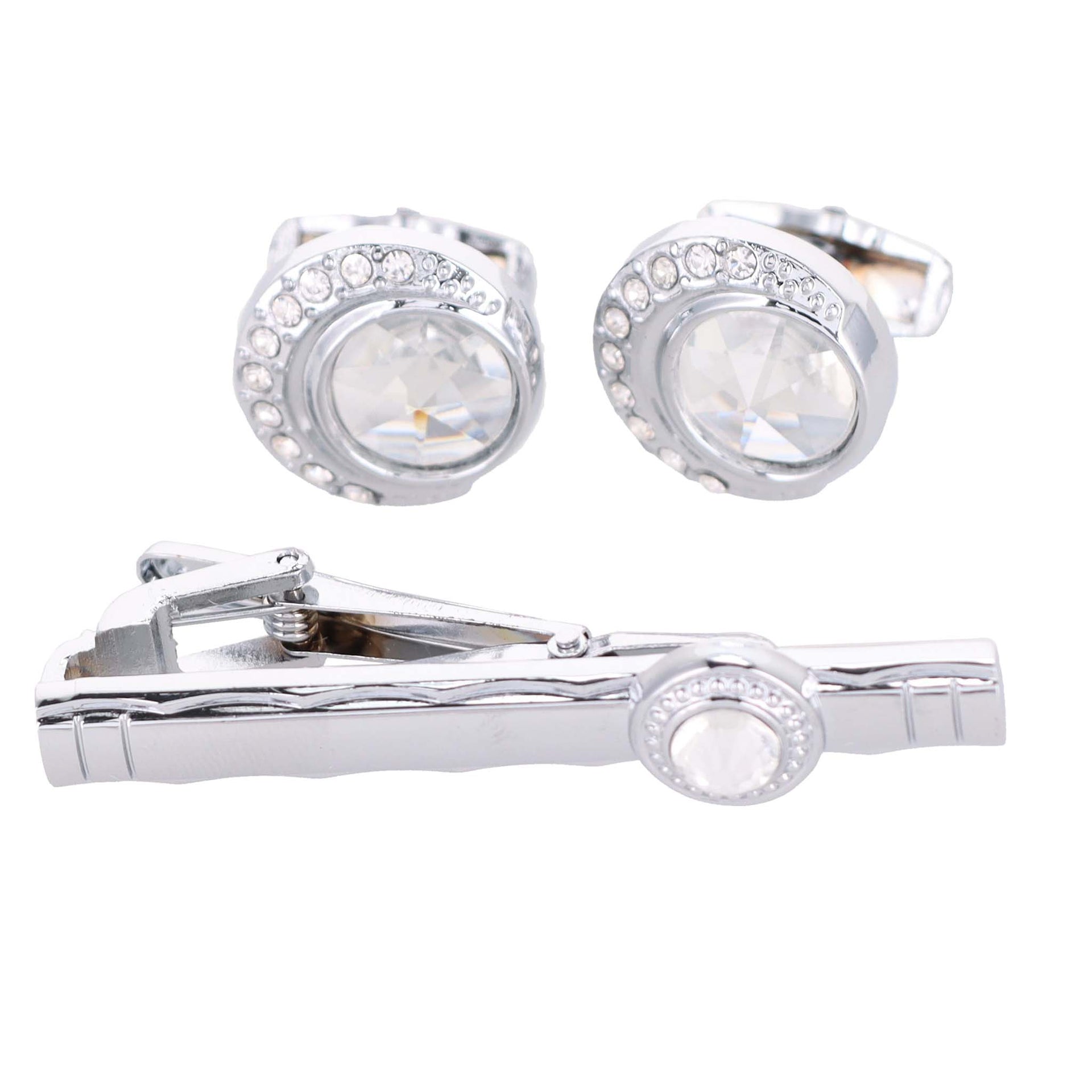 Rhinestone Cufflinks & Tie Bar Set with Silver Setting in a Box by Vittorio Vico (CR - 043) for Independent Retail Stores by Dubal Brothers