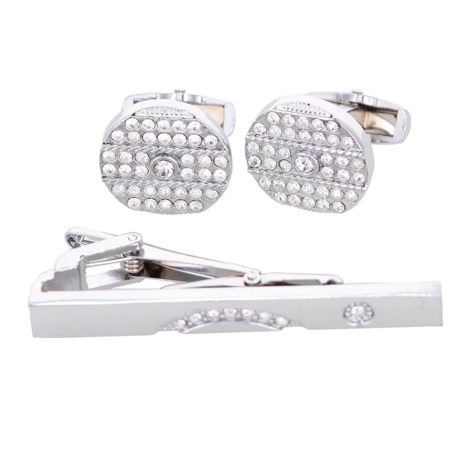 Rhinestone Cufflinks & Tie Bar Set with Silver Setting in a Box by Vittorio Vico (CR - 046) for Independent Retail Stores by Dubal Brothers