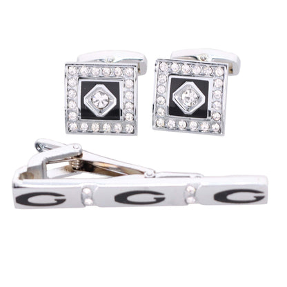 Rhinestone Cufflinks & Tie Bar Set with Silver Setting in a Box by Vittorio Vico (CR - 047) for Independent Retail Stores by Dubal Brothers