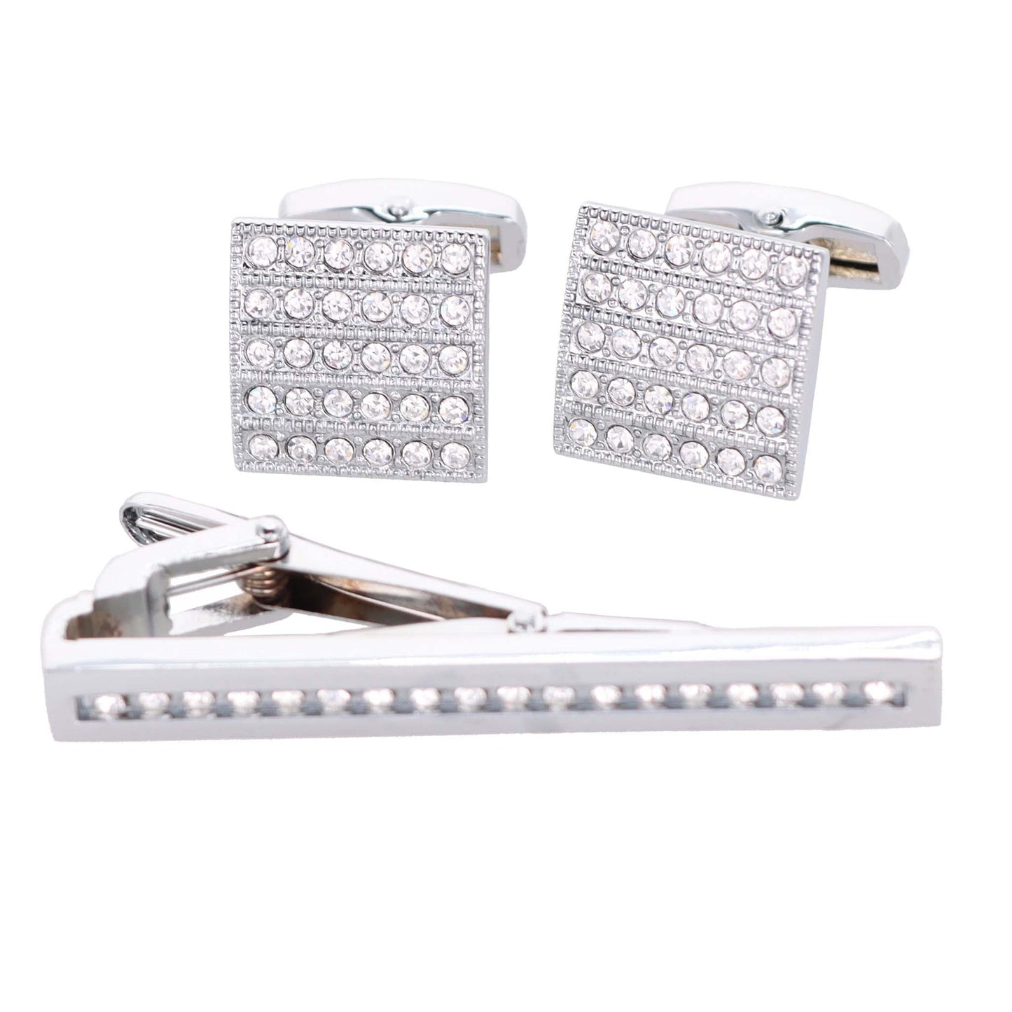 Rhinestone Cufflinks & Tie Bar Set with Silver Setting in a Box by Vittorio Vico (CR - 049) for Independent Retail Stores by Dubal Brothers