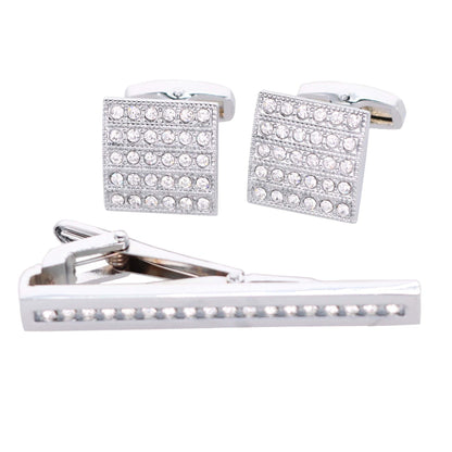 Rhinestone Cufflinks & Tie Bar Set with Silver Setting in a Box by Vittorio Vico (CR - 049) for Independent Retail Stores by Dubal Brothers