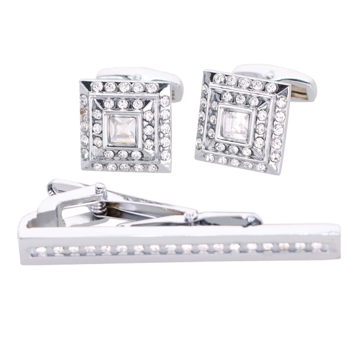 Rhinestone Cufflinks & Tie Bar Set with Silver Setting in a Box by Vittorio Vico (CR - 051) for Independent Retail Stores by Dubal Brothers