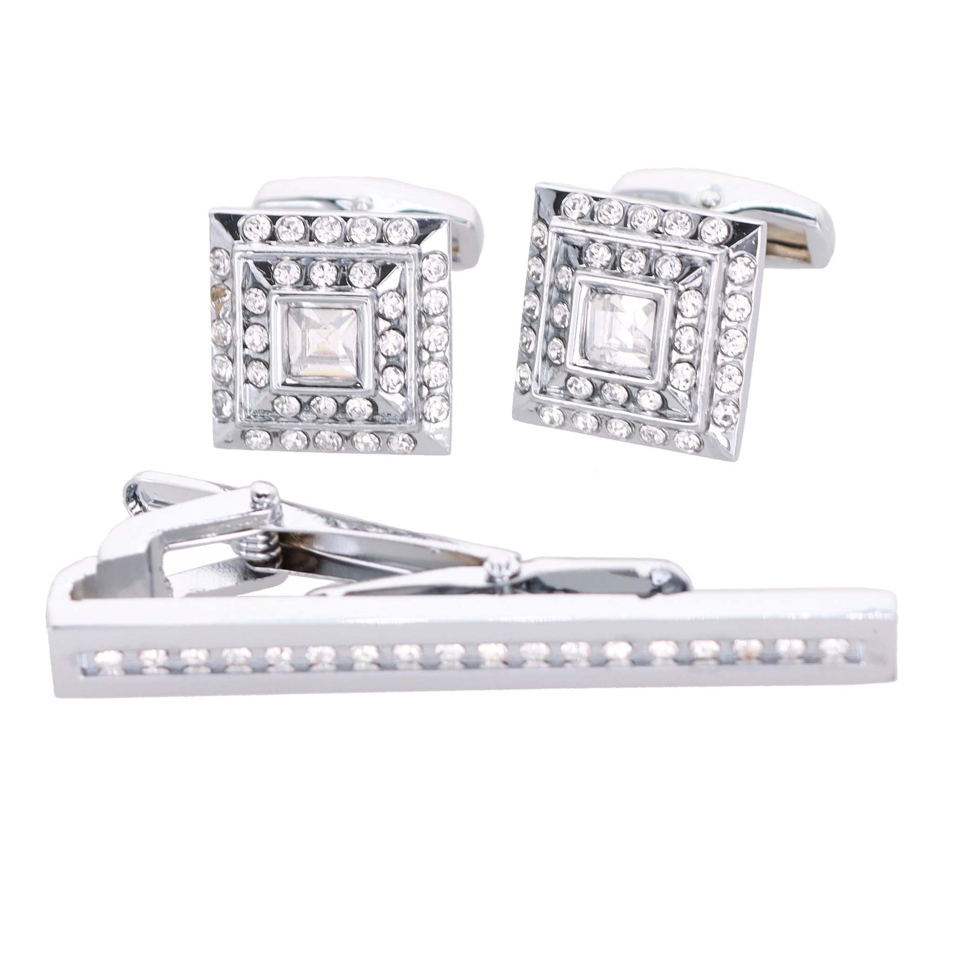 Rhinestone Cufflinks & Tie Bar Set with Silver Setting in a Box by Vittorio Vico (CR - 051) for Independent Retail Stores by Dubal Brothers