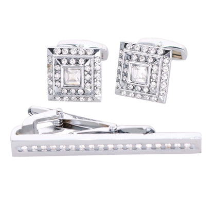 Rhinestone Cufflinks & Tie Bar Set with Silver Setting in a Box by Vittorio Vico (CR - 051) for Independent Retail Stores by Dubal Brothers