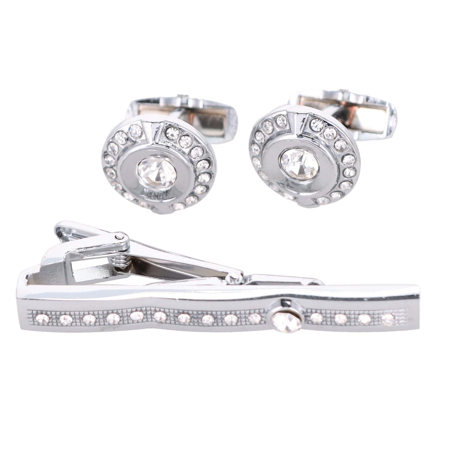 Rhinestone Cufflinks & Tie Bar Set with Silver Setting in a Box by Vittorio Vico (CR - 083 - S) for Independent Retail Stores by Dubal Brothers