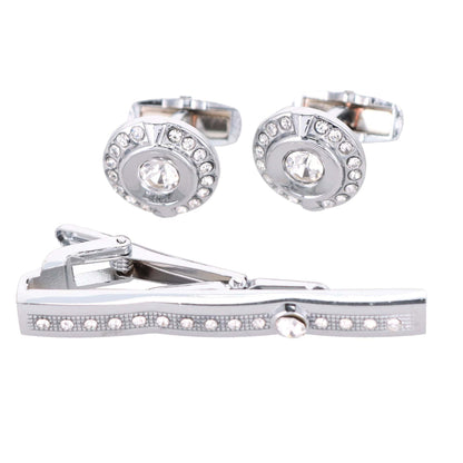 Rhinestone Cufflinks & Tie Bar Set with Silver Setting in a Box by Vittorio Vico (CR - 083 - S) for Independent Retail Stores by Dubal Brothers