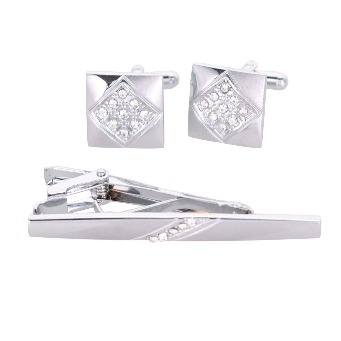 Rhinestone Cufflinks & Tie Bar Set with Silver Setting in a Box by Vittorio Vico (CR - 085) for Independent Retail Stores by Dubal Brothers