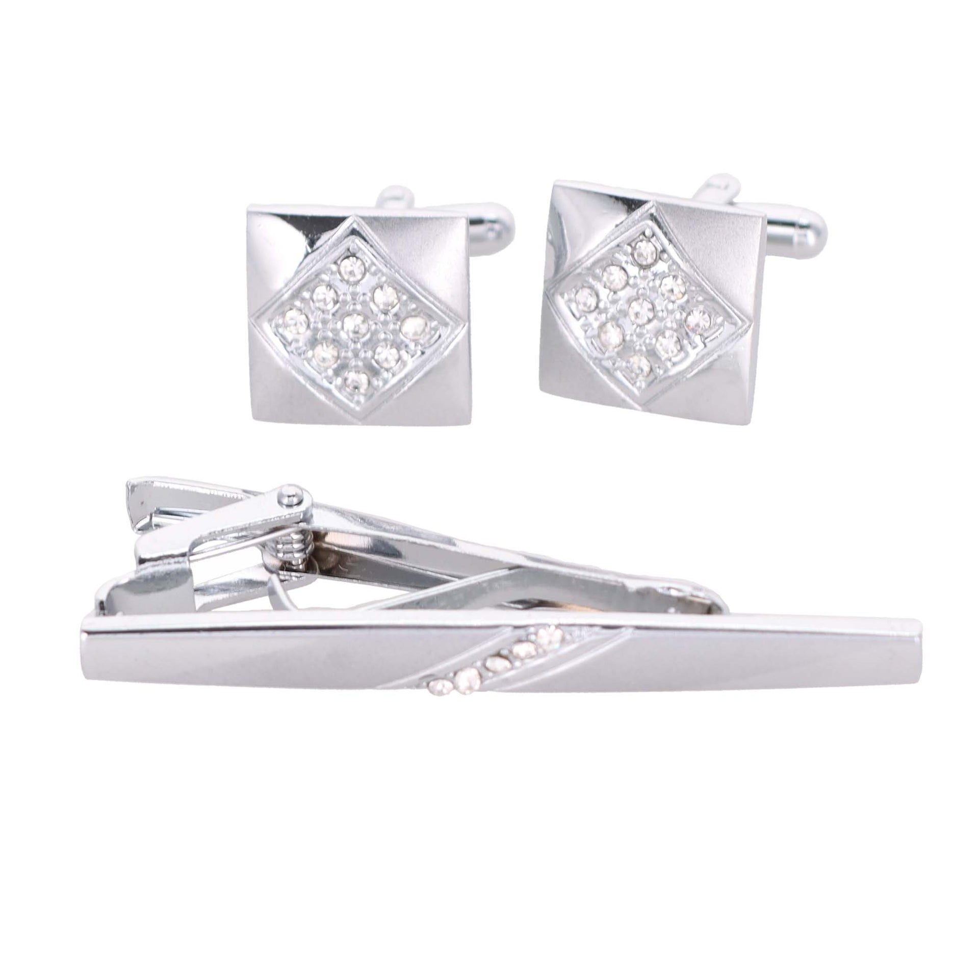 Rhinestone Cufflinks & Tie Bar Set with Silver Setting in a Box by Vittorio Vico (CR - 085) for Independent Retail Stores by Dubal Brothers