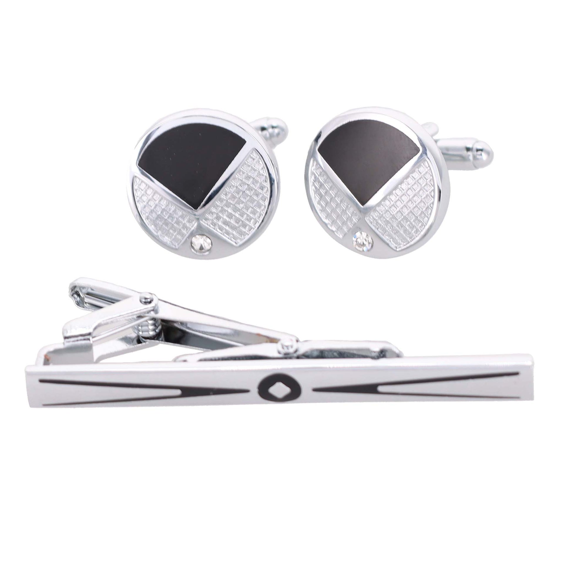 Rhinestone Cufflinks & Tie Bar Set with Silver Setting in a Box by Vittorio Vico (CR - 088) for Independent Retail Stores by Dubal Brothers