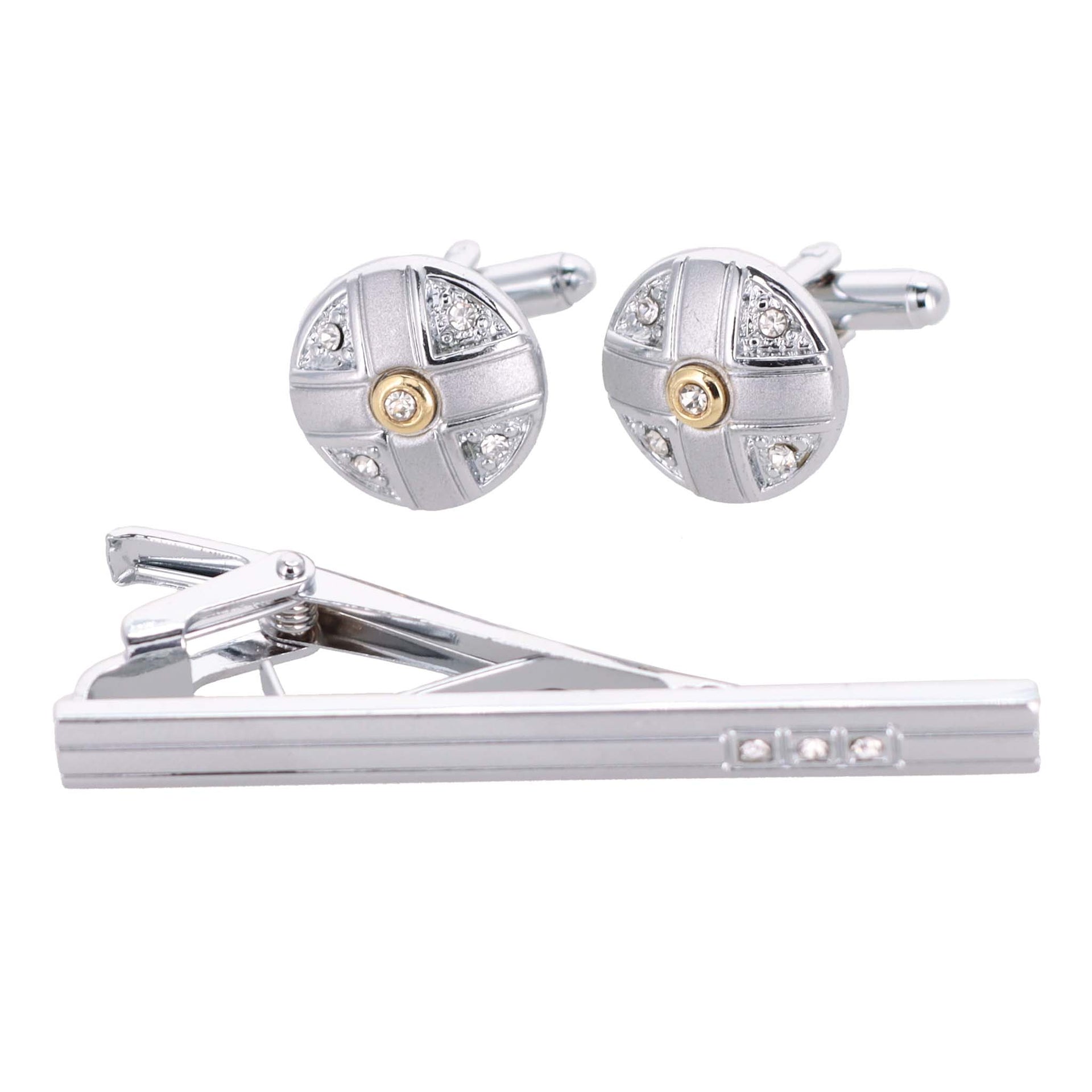 Rhinestone Cufflinks & Tie Bar Set with Silver Setting in a Box by Vittorio Vico (CR - 089) for Independent Retail Stores by Dubal Brothers