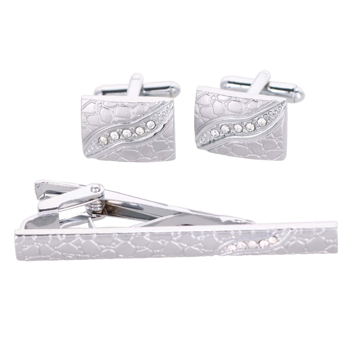 Rhinestone Cufflinks & Tie Bar Set with Silver Setting in a Box by Vittorio Vico (CR - 090) for Independent Retail Stores by Dubal Brothers