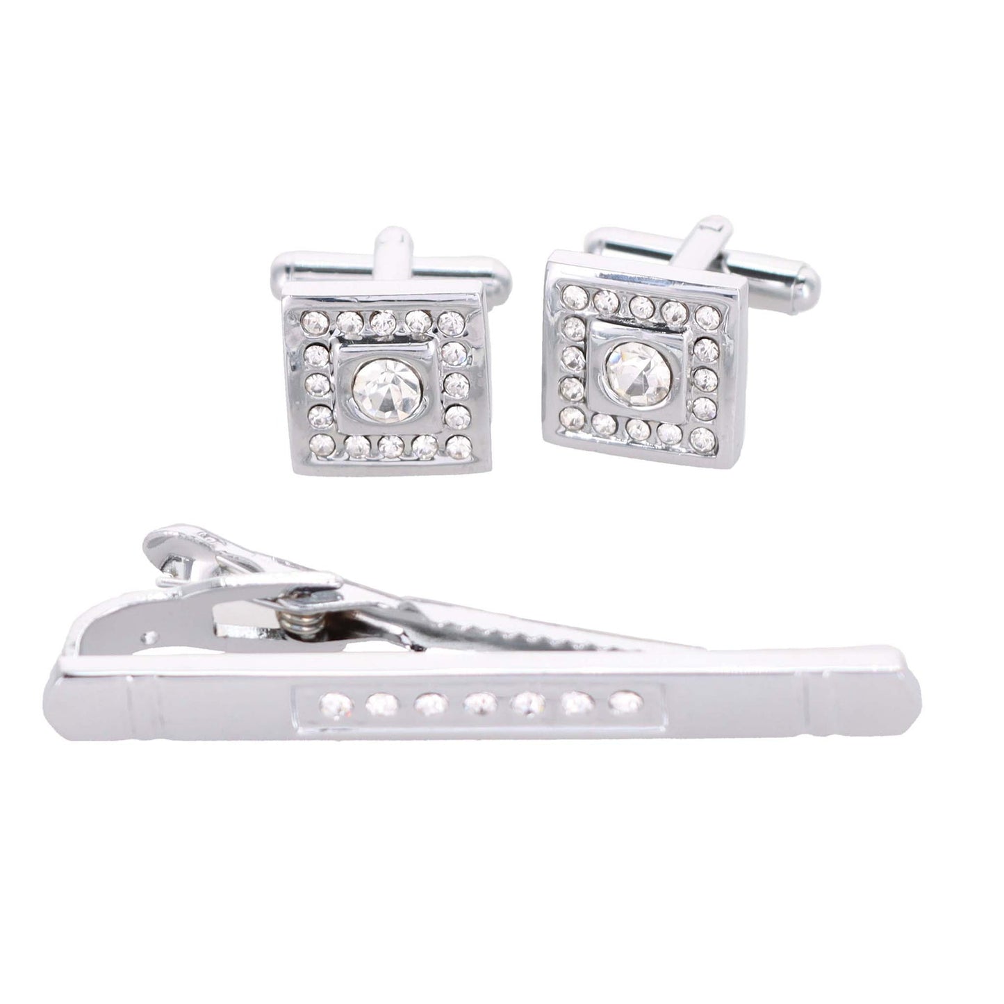 Rhinestone Cufflinks & Tie Bar Set with Silver Setting in a Box by Vittorio Vico (CR - 091) for Independent Retail Stores by Dubal Brothers