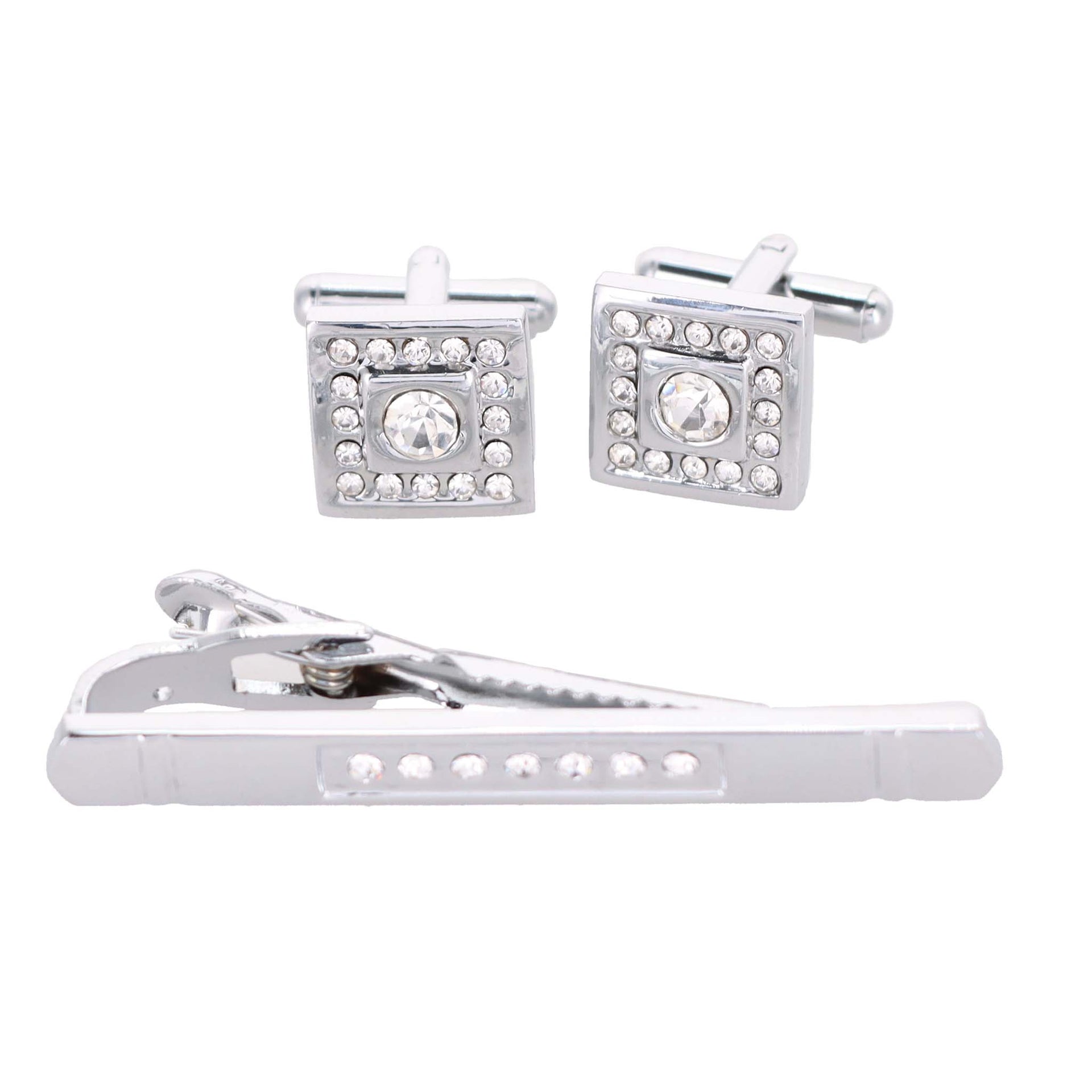 Rhinestone Cufflinks & Tie Bar Set with Silver Setting in a Box by Vittorio Vico (CR - 092) for Independent Retail Stores by Dubal Brothers